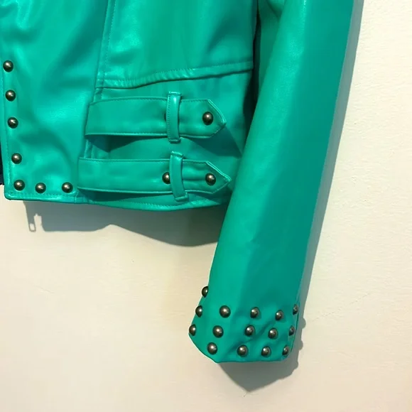 Crazy Train teal faux leather studded moto jacket - Picture 3 of 6